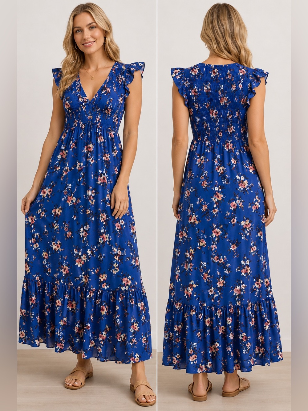 Oak & Trellis Women’s M Blue Floral Maxi Dress Smocked Ruffle Boho V Neck